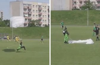 Skydiver Lands In The Middle Of A Football Match Later Gets ‘Booked’ By Referee