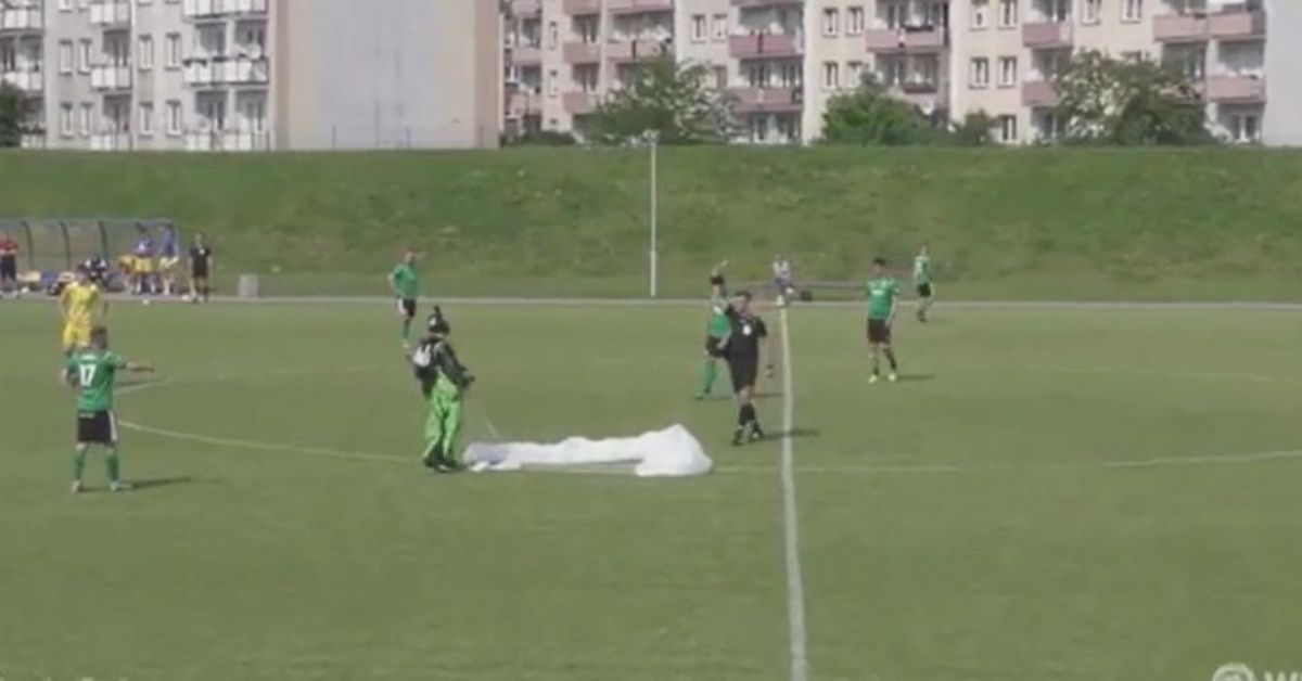 skydiver in football match